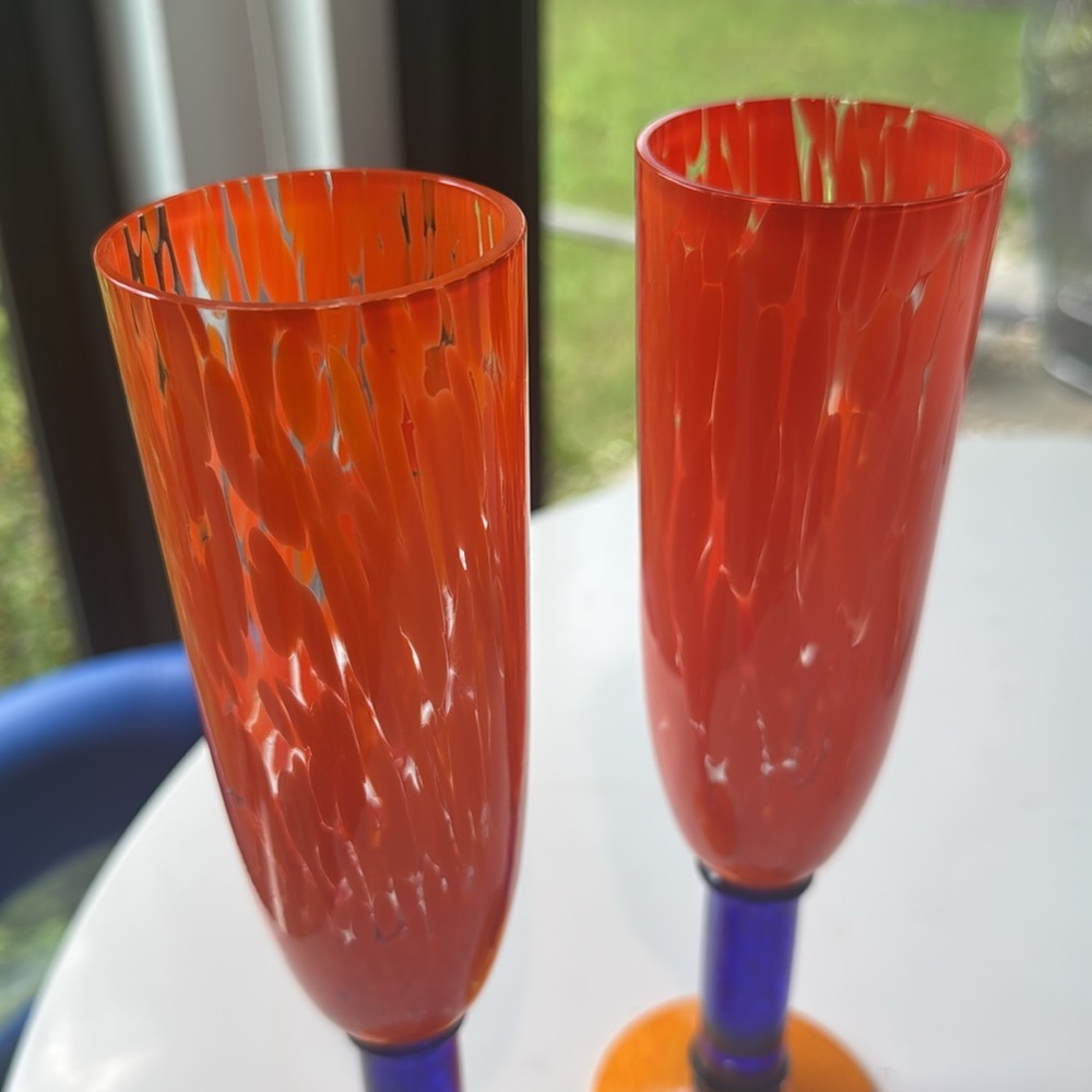 Set MURANO Style Art Glass Champagne Flutes Glasses Orange Cobalt Blue - Picture 10 of 10